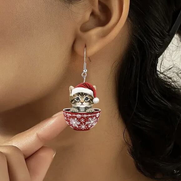 Christmas Tabby Cat in Red Teacup Earrings - Picture 3 of 6